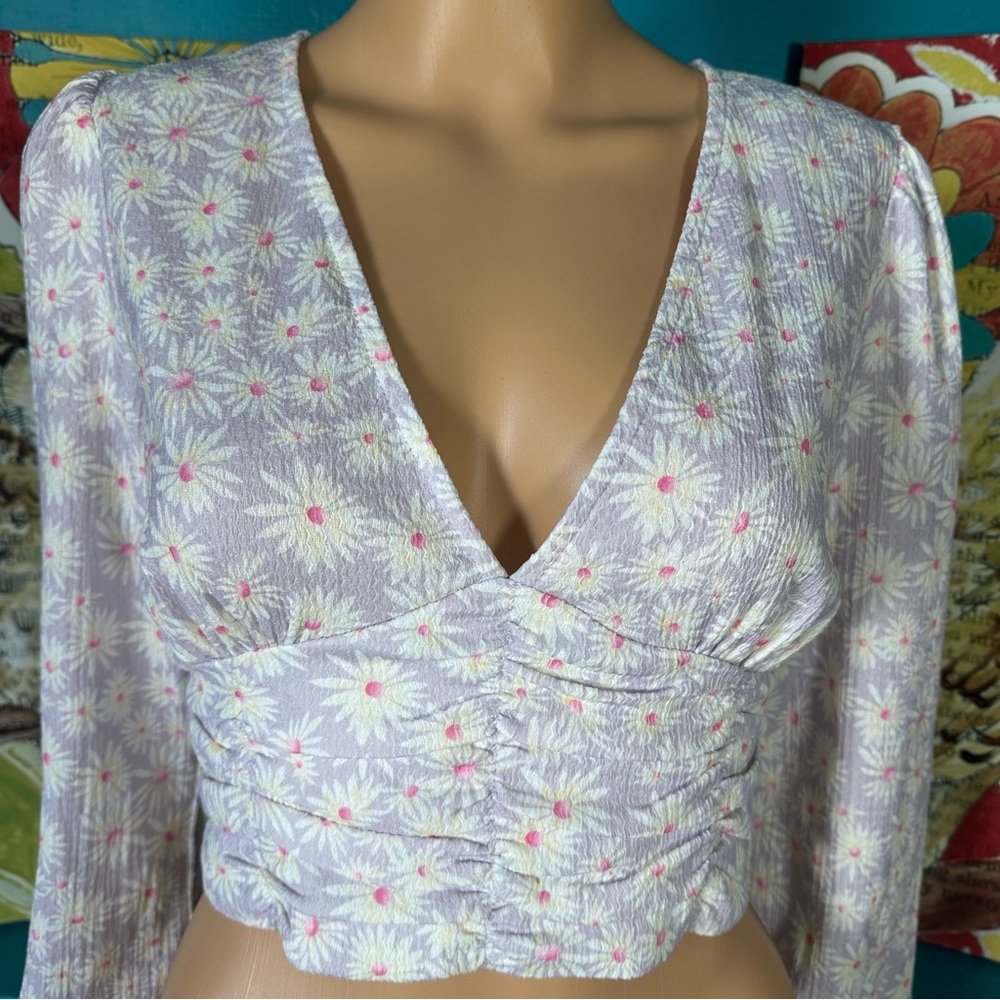Elodie Women's Top Crop Floral Daisy Print Long Sleeve Women's‎ Small Boho Y2K